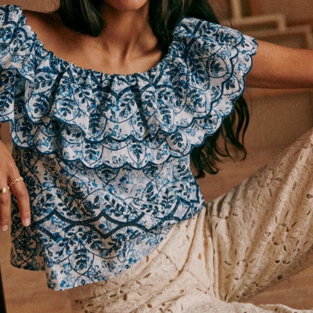 NEW (NWT) SEZANE LEILANI BLOUSE 16 46 XL BLUE EYELET BLOUSE OFF THE SHOULDER